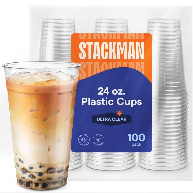 Stack Man [100 Pack - 24 oz.] Clear Disposable Plastic Cups PET Crystal Clear Disposable 24oz Plastic Cups - Image 1